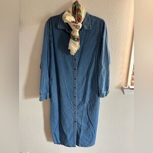 Vintage North Style Denim Long Button Up Dress and Floral Scarf Womens M